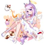  1girl akane_(akane112234) angel angel_wings animal_ears breasts cake collarbone commentary_request cup cupcake eating food food_in_mouth full_body hair_ornament halo highres horse_girl looking_at_viewer mejiro_mcqueen_(umamusume) paku_paku_desuwa purple_hair shoes small_breasts solo sweets tea teacup umamusume white_background wings 