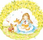  1girl animal blue_dress blush brown_hair cat closed_eyes dress flower fox holding holding_animal long_hair long_sleeves oniheya_53 open_mouth original outdoors painting_(medium) picnic_basket rabbit red_ribbon ribbon sheep solo traditional_media watercolor_(medium) wavy_hair 