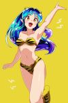  1girl :d animal_print aqua_hair arm_up bikini blue_hair collarbone fang green_hair highres horns long_hair looking_at_viewer lum mandei_(nao_1234567) multicolored_hair navel oni_horns open_mouth orange_eyes pointy_ears print_boots print_footwear shiny_skin smile solo strapless strapless_bikini swimsuit tiger_print urusei_yatsura yellow_background yellow_bikini yellow_footwear 