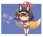  &gt;_&lt; 1girl afterimage animal_ear_fluff animal_ears bandana bangs bare_shoulders bikini bikini_under_clothes black_hair blue_archive blue_background blue_shorts blush breasts brown_footwear bubble_blowing chibi clenched_hands closed_eyes closed_mouth commentary_request denim facing_viewer flower flying_sweatdrops fox_ears fox_girl fox_tail hair_between_eyes hair_flower hair_ornament halo izuna_(blue_archive) izuna_(swimsuit)_(blue_archive) leaning_forward m.m navel one_side_up orange_headwear puckered_lips short_shorts shorts small_breasts solo striped striped_bikini swimsuit tail two-tone_background visor_cap white_background yellow_flower 