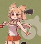  :3 animal_ears bare_shoulders blonde_hair blush brown_shirt commentary_request cowboy_shot extra_ears fox_ears fox_girl fox_tail highres japari_symbol kemono_friends looking_at_viewer orange_eyes orange_skirt pale_fox_(kemono_friends) pleated_skirt shirt short_hair shovel skirt sleeveless sorairo_meronpan tail two-tone_shirt white_shirt wristband 