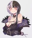  1girl black_choker black_hair black_nails breasts choker cleavage coat fur_trim grey_hair hair_ornament highres hololive hololive_english jacket large_breasts long_hair looking_at_viewer multicolored_hair nnnhan_99 scissors shiori_novella smile solo split-color_hair two-tone_hair upper_body virtual_youtuber white_hair yellow_eyes 