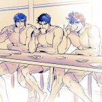  3boys abs battle_tendency birthmark blue_hair brown_hair coffee_mug cup drinking fork grandfather_and_grandson highres holding holding_cup indoors joestar_birthmark jojo_no_kimyou_na_bouken jonathan_joestar joseph_joestar joseph_joestar_(young) korean_commentary kujo_jotaro lemona633 looking_at_viewer male_focus mug multiple_boys muscular muscular_male nipples pectorals phantom_blood plate sandals short_hair shorts sitting smile stardust_crusaders topless_male 