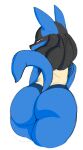  2023 ambiguous_gender anthro black_body black_fur blue_body blue_ears blue_fur blue_tail butt digital_media_(artwork) fur generation_4_pokemon half-closed_eyes looking_at_viewer looking_back looking_back_at_viewer lucario multicolored_body multicolored_fur narrowed_eyes nintendo nude pokemon pokemon_(species) pupils raised_tail raviolisnake rear_view simple_background sketch slit_pupils solo standing tail thick_thighs white_background yellow_body yellow_fur 