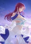  1girl absurdres bazett_fraga_mcremitz breasts elbow_gloves fate/grand_order fate_(series) gloves highres large_breasts long_hair manannan_mac_lir_(fate) manannan_mac_lir_(third_ascension)_(fate) navel ocean okonon_(kado_colda) purple_eyes purple_hair skirt smile white_gloves white_skirt 