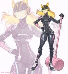  1girl adapted_costume animal_ears armed_hammer belt black_bodysuit blonde_hair blue_eyes bodysuit breasts cat_ears cleavage hammer hand_on_own_hip hand_on_weapon highres huge_weapon kamen_rider kamen_rider_geats_(series) kamen_rider_na-go medium_breasts navel neon_trim pink_armor pixiv_logo redesign shoes sneakers tongzhen_ganfan twitter_logo visor_(armor) war_hammer weapon weibo_logo white_background zoom_layer 