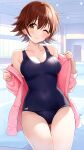  1girl ;) absurdres blue_one-piece_swimsuit blush breasts brown_hair cleavage collarbone covered_navel groin highres honda_mio idolmaster idolmaster_cinderella_girls jacket looking_at_viewer medium_breasts one-piece_swimsuit one_eye_closed pink_jacket pool popon_ta school_swimsuit smile solo swimsuit thigh_gap 