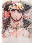 1boy bara blonde_hair chain_necklace chinstrap_beard coat coat_on_shoulders colored_pencil_(medium) cropped_torso eugene_kidd eyepatch full_beard hat highres hiwen-d jewelry large_pectorals looking_at_viewer male_focus mature_male muscular muscular_male necklace original pectorals photo_(medium) pirate pirate_hat red_eyes short_hair smile solo straight-on traditional_media 
