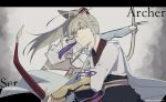  1boy archer_(fate/samurai_remnant) arm_guards arrow_(projectile) bow bow_(weapon) bowtie cape fate/samurai_remnant fate_(series) grey_hair highres house_tag_denim ponytail weapon yellow_eyes 