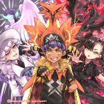 1girl 2boys arm_behind_back baseball_cap beak bede_(champion)_(pokemon) bede_(pokemon) black_hair blue_eyes cape clenched_hands curly_hair electricity fur-trimmed_cape fur_trim galarian_articuno galarian_moltres galarian_zapdos hat highres hop_(champion)_(pokemon) hop_(pokemon) kandenbiriri630 looking_at_viewer marnie_(champion)_(pokemon) marnie_(pokemon) multiple_boys official_alternate_costume open_mouth pokemon pokemon_(creature) pokemon_(game) pokemon_masters_ex purple_hair teeth twintails wings yellow_eyes 