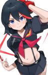  1girl absurdres black_hair black_serafuku black_shirt blue_eyes blush breasts crop_top fingerless_gloves gloves hair_between_eyes hands_up highres kamui_(kill_la_kill) kill_la_kill looking_at_viewer matoi_ryuuko medium_hair midriff miniskirt multicolored_hair navel neckerchief pleated_skirt red_gloves red_hair red_neckerchief sailor_collar school_uniform senketsu serafuku shirt short_sleeves single_glove skirt small_breasts smile solo streaked_hair suspender_skirt suspenders t-lex two-tone_hair 