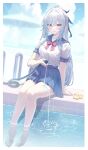  1girl absurdres alternate_costume arm_support barefoot blue_sailor_collar blue_skirt blush border bow bowtie breasts commentary high_ponytail highres holding holding_hose honkai:_star_rail honkai_(series) hose jingliu_(honkai:_star_rail) long_hair looking_at_viewer medium_breasts pleated_skirt poolside pouring red_bow red_bowtie red_eyes revision rubber_duck sailor_collar school_uniform serafuku shirt sidelocks sitting skirt smile soaking_feet solo thighs uniform wangzili_shitoumen water white_border white_hair white_shirt 