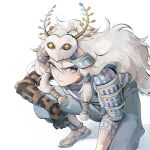  1boy absurdres armor blue_eyes highres link long_hair looking_at_viewer momoju163 mystic_set_(zelda) on_one_knee sandals shoulder_armor solo the_legend_of_zelda the_legend_of_zelda:_tears_of_the_kingdom white_background white_hair wig 