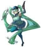  1girl absurdly_long_hair alternate_costume arm_up armpits blue_sailor_collar blue_skirt blush boots breasts club_(weapon) commission eyewear_on_head full_body goggles green_hair green_shirt green_thighhighs grin gun hair_between_eyes hatsune_miku highres holding holding_gun holding_weapon kawasuru_(15miclon) large_breasts leg_up long_hair miniskirt open_mouth orange_eyes pixiv_commission pleated_skirt pp-2000 raised_eyebrows red-tinted_eyewear sailor_collar shirt sidelocks simple_background skirt sleeveless sleeveless_shirt smile solo submachine_gun teeth thigh_boots thighhighs tinted_eyewear twintails very_long_hair vocaloid weapon white_background 