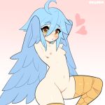  1girl absurdres ahoge arms_behind_head artist_name bird_legs blue_feathers blue_hair blue_wings blush breasts commentary english_commentary feathered_wings feathers hair_between_eyes harpy heart highres monster_girl monster_musume_no_iru_nichijou navel nipples open_mouth papi_(monster_musume) pink_background pussy sataen scales short_hair_with_long_locks simple_background small_breasts solo uncensored winged_arms wings yellow_eyes 