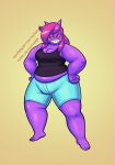  absurd_res anthro artist_name barefoot big_breasts bottomwear breasts cleavage clothed clothing feet female generation_1_pokemon gengar grin hair hi_res looking_at_viewer nintendo noctoon obese obese_female overweight overweight_female pink_hair pokemon pokemon_(species) red_sclera shadie_(noctoon) shirt shorts smile solo tank_top text topwear url 