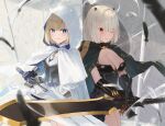 2girls absurdres armor armored_dress black_feathers blonde_hair blue_eyes blush breasts brown_dust capelet cleavage commentary_request cowboy_shot feathers gauntlets green_capelet hair_intakes hair_over_one_eye hara_kenshi highres holding holding_sword holding_weapon hood hood_up hooded_capelet horns jewelry justia_(brown_dust) large_breasts multiple_girls necklace official_alternate_costume pearl_necklace red_eyes short_hair smile sword wavy_mouth weapon white_capelet wind 