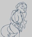 2023 anthro areola areola_slip big_breasts breasts callmewritefag canid canine clothed clothing digital_drawing_(artwork) digital_media_(artwork) fan_character female fox fur hair hi_res huge_breasts mallory_renard mammal monochrome nickelodeon simple_background sketch sleeping solo t.u.f.f._puppy 