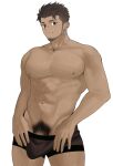  1boy abs bara barbell_piercing beard black_male_underwear cross cross_earrings dark-skinned_male dark_skin ear_piercing earrings eyebrow_cut facial_hair feet_out_of_frame goburin_second harumi_(goburin_second) highres jewelry large_pectorals leg_hair looking_at_viewer male_focus male_pubic_hair male_underwear male_underwear_pull multiple_earrings muscular muscular_male nipples original pectorals penis penis_peek piercing pubic_hair scar scar_on_face scar_on_forehead short_hair smile solo standing stomach thighs topless_male underwear very_sweaty wet 