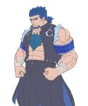  1boy absurdres armband bara blue_armband blue_hair bucchigiri clenched_hands facial_hair facing_ahead feet_out_of_frame flat_color forked_eyebrows gakuran goatee highres kenchiro_(bucchigiri) large_pectorals low_ponytail male_focus mature_male minatsumi muscular muscular_male pectoral_cleavage pectorals school_uniform shaded_face short_hair short_ponytail solo spiked_hair standing thick_chest_hair thick_eyebrows torn_clothes torn_sleeves 