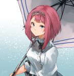  1girl alternate_costume ark_royal_(kancolle) blue_eyes bob_cut breasts closed_umbrella highres holding holding_umbrella kantai_collection looking_at_viewer medium_breasts red_hair short_hair signature simple_background solo sunday_aki tiara umbrella upper_body 