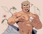  1boy abs assisted_exposure bara bare_pectorals blush chest_hair embarrassed grey_hair heart lab_coat large_pectorals male_focus mature_male muscular muscular_male navel navel_hair nipples paper pectorals plant poke_ball pokemon pokemon_(game) pokemon_rgby rybiok samuel_oak short_hair solo spoken_heart tentacles tentacles_on_male undressing upper_body vines 