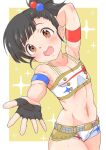  1girl arm_up armband armpits beika1677 belt black_gloves black_hair blue_armband blush brown_eyes buttons collarbone commentary_request cowboy_shot crop_top fingerless_gloves flat_chest gloves grey_belt hair_bobbles hair_ornament highres idolmaster idolmaster_million_live! idolmaster_million_live!_theater_days looking_at_viewer nakatani_iku navel open_mouth print_shirt red_armband shirt short_hair short_shorts shorts side_ponytail solo sparkle stomach sweat teeth thighs upper_teeth_only white_shirt white_shorts yellow_background 