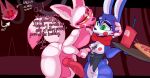  anthro blue_body breasts canid canine cheek_lick clothing duo english_text exposed_breasts face_lick female five_nights_at_freddy&#039;s five_nights_at_freddy&#039;s_2 food fox funtime_foxy_(fnaf) glowing glowing_eyes green_eyes group hi_res knot lagomorph leporid licking male male/female mammal mangle_(fnaf) multicolored_body pink_body rabbit scottgames tail text tfzn tongue tongue_out torn_clothing toy_bonnie_(fnaf) trio white_body yellow_eyes 