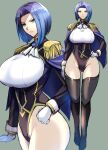  1girl bangs blue_hair breasts character_request closed_mouth copyright_request curvy gloves green_hair high_heels kumakichi_(cost-lost) large_breasts looking_at_viewer mature_female parted_bangs shiny_skin short_hair thighhighs tight white_gloves 