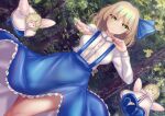  1girl alice_margatroid alice_margatroid_(pc-98) blonde_hair blue_bow blue_dress book bow closed_mouth doll dress foreshortening forest green_eyes hair_bow long_sleeves looking_at_viewer nature outdoors outstretched_arm pinafore_dress shirt short_hair shounen_(hogehoge) solo touhou touhou_(pc-98) tree white_shirt 