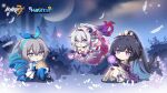  3girls :o ahoge alternate_costume aqua_hair blue_hair bronya_zaychik bronya_zaychik_(herrscher_of_truth) bug butterfly chibi colored_inner_hair dress drill_hair english_commentary feathers grey_hair highres honkai_(series) honkai_impact_3rd kiana_kaslana kiana_kaslana_(herrscher_of_finality) lamp logo long_hair mihoyo moon multicolored_hair multiple_girls night official_art orb outdoors pink_butterfly ponytail raiden_mei raiden_mei_(herrscher_of_origin) single_drill sitting sky white_hair 