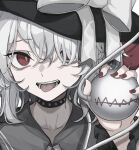  1girl alternate_hairstyle black_headwear bow collar commentary cropped hisha_(kan_moko) komeiji_koishi meme nail_polish open_mouth red_eyes red_nails simple_background smile solo spiked_collar spikes symbol-only_commentary third_eye tongue tongue_out touhou twitter_rabbit_ears_(meme) w white_background white_bow white_hair 