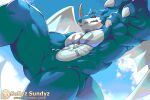  animated anthro bandai_namco blue_body claws digimon digimon_(species) exveemon finger_claws horn male membrane_(anatomy) membranous_wings muscular muscular_male nude sollyz solo wings 