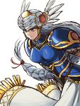  1girl armor armored_dress betabetamaru blue_armor blue_eyes braid breastplate closed_mouth feathers grey_hair helmet highres lenneth_valkyrie long_hair low-braided_long_hair shoulder_armor simple_background solo valkyrie valkyrie_profile very_long_hair white_background winged_helmet 