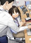  1boy 1girl black_hair blue_shirt blush brown_eyes brown_hair cellphone chair closed_mouth commentary_request cup desk douki-chan_(douki-chan) douki-kun_(douki-chan) faceless faceless_male ganbare_douki-chan highres lanyard long_sleeves looking_at_another on_chair phone shirt short_hair sidelocks sitting wavy_mouth white_shirt yomu_(sgt_epper) 