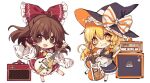  2girls :d ascot blonde_hair bow braid brown_eyes brown_hair chibi detached_sleeves electric_guitar frilled_bow frills grin guitar hair_bow hair_tubes hakurei_reimu hat hat_bow highres holding holding_instrument instrument kirisame_marisa kyouda_suzuka multiple_girls open_mouth ribbon-trimmed_sleeves ribbon_trim side_braid simple_background single_braid smile touhou wide_sleeves witch_hat yellow_eyes 