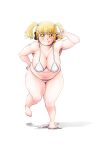  1girl bikini blonde_hair blush breasts cleavage closed_mouth cloudxmoe dot_nose english_commentary full_body hanging_breasts headphones highres large_breasts leaning_forward long_hair looking_at_viewer navel nitroplus no_pupils orange_eyes plump shadow signature smile solo standing super_pochaco swimsuit tareme thick_arms thick_thighs thighs twintails v white_background white_bikini 