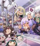  1boy 5girls against_glass anger_vein blonde_hair blue_eyes blue_hair blush brown_hair crane_game doyagao eating fumo_(doll) glasses green_eyes hat headphones headphones_around_neck highres kizuna_akari long_hair minase_kou multiple_girls orange_hair otomachi_una purple_eyes purple_hair siwasunohige smug spoken_anger_vein tears touhoku_itako touhoku_kiritan touhoku_zunko tsurumaki_maki voiceroid yuzuki_yukari 