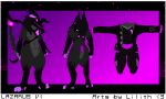  anthro armor claws clothing cryptid_queen cyberpunk fire flaming_tail fur grey_body grey_fur hi_res hooves hybrid jacket lazarus_vi male model_sheet purple_background scales simple_background solo tail tentacles topwear 