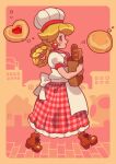  1girl absurdres apron bag baguette blonde_hair boots braid bread brown_footwear chef_hat cookie earrings food from_side full_body hat highres holding holding_bag jewelry loveycloud mario_(series) official_alternate_costume paper_bag pastry_chef_peach princess_peach princess_peach:_showtime! red_skirt short_sleeves skirt solo sphere_earrings walking white_apron 