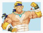  1boy abs animal_ears another_eidos-r bad_id bad_twitter_id bara biceps blonde_hair blue_headband chest_hair chest_tuft cropped_torso flexing hand_up headband highres jewelry kansuke_(kansuke_717) large_pectorals looking_at_viewer magatama magatama_necklace male_focus mature_male midriff_sarashi muscular muscular_male mustache_stubble mutton_chops necklace nipples notice_lines nude pectorals pugi_(another_eidos) sarashi scar scar_on_arm short_hair smirk solo sparse_stubble thick_eyebrows tiger_boy tiger_ears tiger_stripes 