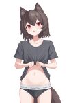  1girl :o absurdres animal_ear_fluff animal_ears black_panties black_shirt brown_hair clothes_lift ellu highres lifted_by_self looking_at_viewer navel no_pants open_mouth original panties red_eyes shirt shirt_lift short_hair short_sleeves simple_background stomach tail underwear white_background 