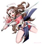  1girl bare_legs brown_hair fire_emblem fire_emblem_fates futabaaf hana_(fire_emblem) headband holding holding_sword holding_weapon jumping katana open_mouth samurai sandals solo sword teeth upper_teeth_only weapon 