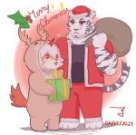  2boys animal_costume animal_ears antlers arknights bara blank_eyes carrying_over_shoulder christmas_tree couple deformed dog_boy facial_hair full_body furry furry_male furry_with_furry gift gift_bag goatee hat highres holding holding_gift hung_(arknights) male_focus merry_christmas mountain_(arknights) multiple_boys nunun_(nununnong) reindeer_antlers reindeer_costume santa_costume santa_hat short_hair standing tiger_boy tiger_ears white_fur yaoi 