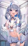  1girl absurdres amane_kanata amane_kanata_(nurse) angel_wings armband bandaged_arm bandages blue_armband blue_hair blush bra breasts collar colored_inner_hair cowboy_shot detached_collar feathered_wings garter_straps gloves grey_hair hair_between_eyes hair_ornament hat highres holding holding_syringe hololive id_card indoors lanyard looking_at_viewer matutoki_nara05 miniskirt multicolored_hair navel nurse nurse_cap official_alternate_costume official_alternate_hair_length official_alternate_hairstyle open_mouth pleated_skirt purple_eyes skirt small_breasts solo streaked_hair syringe thighhighs underwear virtual_youtuber white_bra white_collar white_gloves white_headwear white_skirt white_thighhighs wing_collar wings x_hair_ornament 