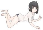  1girl 1ssakawaguchi ahoge barefoot black_hair blue_eyes blue_shorts blush bob_cut closed_mouth commentary_request feet feet_up full_body highres legs looking_at_viewer lying on_stomach original shirt short_hair short_shorts short_sleeves shorts simple_background smile solo toes white_background white_shirt 