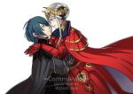  1boy 1girl blush byleth_(fire_emblem) byleth_(male)_(fire_emblem) cape commission couple double_bun dress edelgard_von_hresvelg fire_emblem fire_emblem:_three_houses gzei hair_bun hetero lifting_person red_bridal_gauntlets red_cape red_dress short_hair smile white_hair 