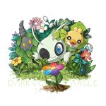  ;) artist_name blue_eyes burmy celebi closed_mouth clover commentary darkvoiddoble flower four-leaf_clover grass no_humans one_eye_closed pokemon pokemon_(creature) sewaddle smile watermark 