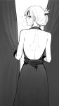  1girl an-94_(girls&#039;_frontline) an-94_(silent_rouge)_(girls&#039;_frontline) backless_dress backless_outfit bare_shoulders blush dress folded_ponytail girls&#039;_frontline gloves greyscale huqu looking_at_viewer monochrome parted_lips solo sweat 