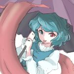  1girl bifidus_(exkagerou8665) blue_eyes blue_hair commentary heterochromia highres holding holding_umbrella karakasa_obake looking_at_viewer one-hour_drawing_challenge purple_umbrella red_eyes short_hair simple_background solo tatara_kogasa tongue touhou umbrella upper_body white_background 